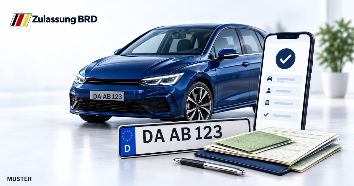 Online Fahrzeugzulassung in Eppertshausen: Musterkennzeichen DA AB 123, Auto und Fahrzeugpapiere und Smartphone. Illustration mit Logo von Zulassung BRD.